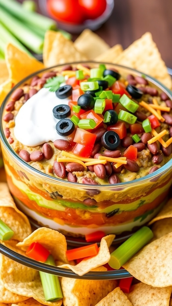 Low Carb Keto 7 Layer Dip Recipe A layered 7 layer dip with beans, sour cream, guacamole, salsa, cheese, olives, and green onions, served with tortilla chips and vegetables.